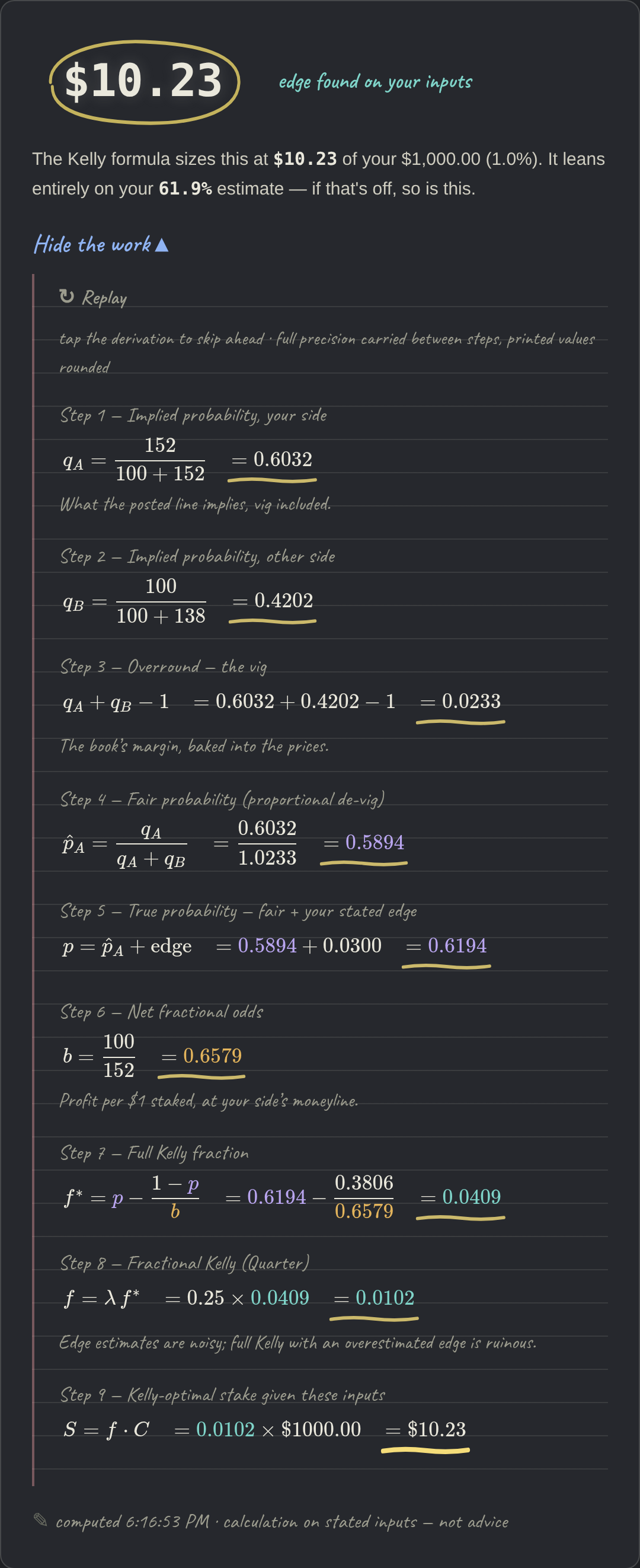 A completed Teacher's Bet bet-sizing result: the answer circled in yellow chalk above a nine-step derivation on chalk-ruled lines, each intermediate result underlined.
